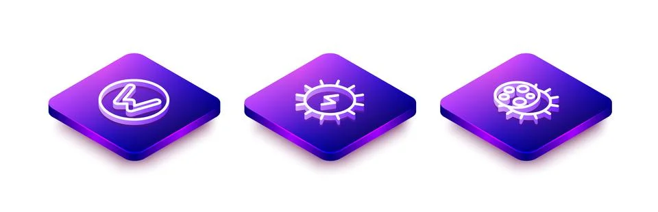 Set Isometric line Compass north, Solar energy panel and Eclipse of the sun icon Stock Illustration