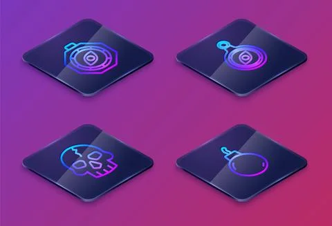 Set Isometric line Compass, Skull, and Bomb ready to explode. Blue square button Illustrazione stock