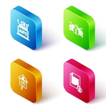 Set Isometric line Computer api interface, Cyber security, Retro wall watch and Illustrazione stock