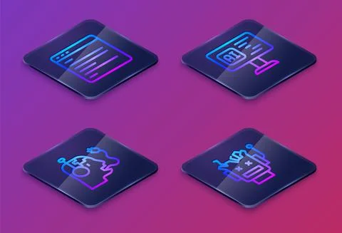 Set Isometric line Computer api interface, Robot charging battery, Software and Stock Illustration