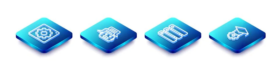 Set Isometric line Computer api interface, Chat bot, Server, Data and Gradu.. Stock Illustration
