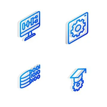 Set Isometric line Computer api interface, Algorithm, Binary code and Gradu.. Stock-Illustration