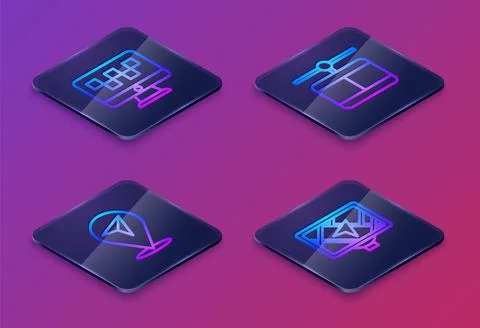 Set Isometric line Computer call taxi service, Location, Cable car and Gps .. Stock Illustration