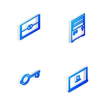 Set Isometric line Computer, Chest for game, Ancient key and Laptop icon. Vector Stock Illustration