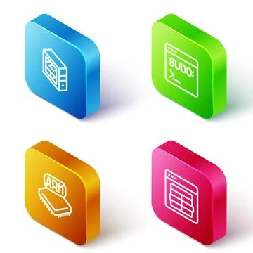 Set Isometric line Computer, Code terminal, Processor and MySQL code icon. .. Stock Illustration
