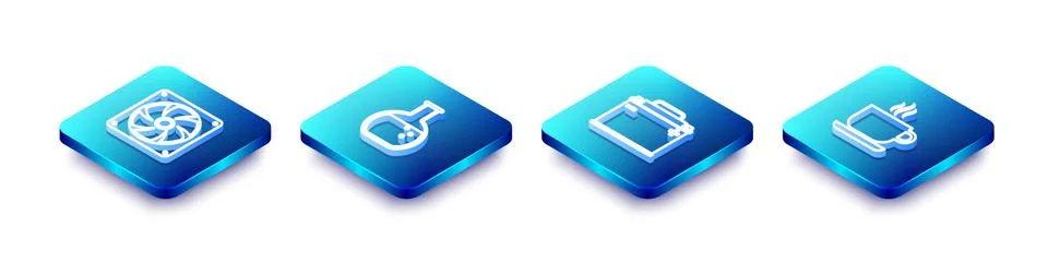 Set Isometric line Computer cooler, Test tube and flask, Car battery and Coffee Stockillustratie