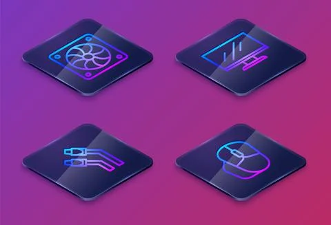Set Isometric line Computer cooler, LAN cable network internet, monitor screen Illustrazione stock