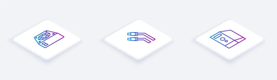 Set Isometric line Computer cooler, LAN cable network internet and Case of 库存插图