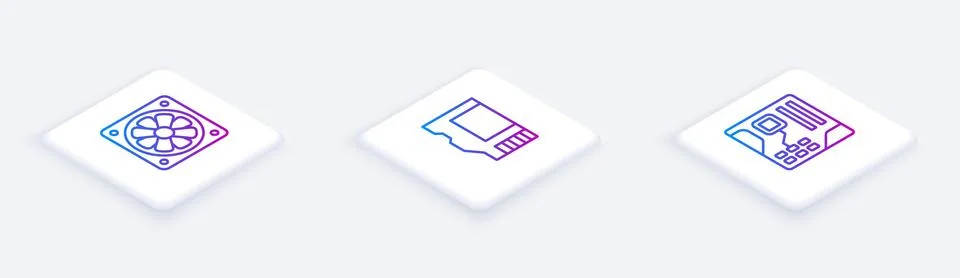 Set Isometric line Computer cooler, SD card and Motherboard digital chip. White Illustrazione stock
