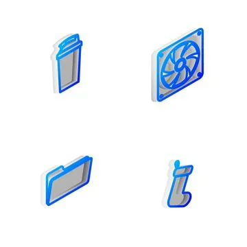 Set Isometric line Computer cooler, Fitness shaker, Folder and Christmas sock Stock Illustration
