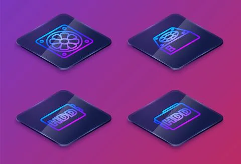 Set Isometric line Computer cooler, Hard disk drive HDD, and . Blue square 스톡 일러스트