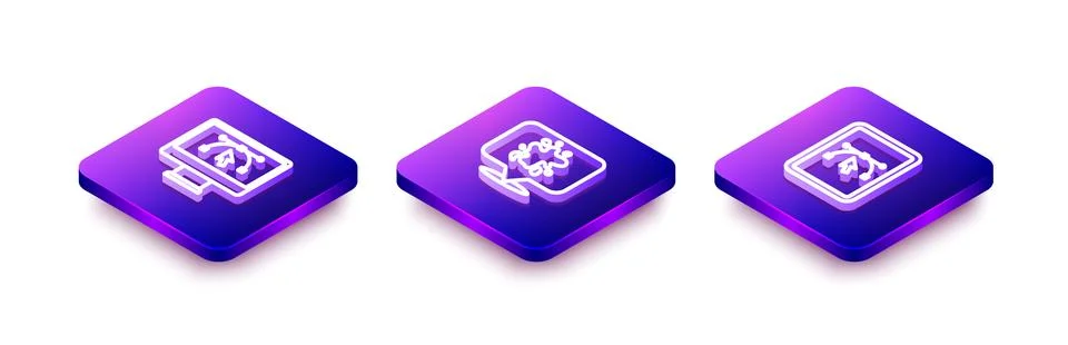 Set Isometric line Computer with design program, Paint spray and icon. Vector Stock Illustration