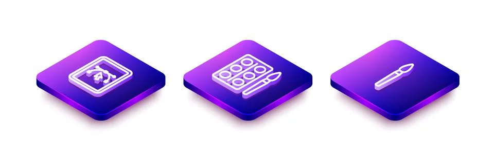 Set Isometric line Computer with design program Watercolor paints in box and  Stockillustratie