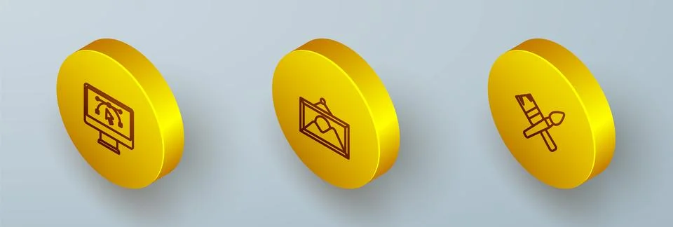 Set Isometric line Computer with design program, Picture landscape and Pain.. 스톡 일러스트