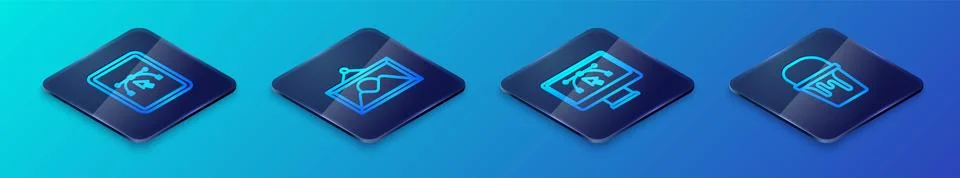 Set Isometric line Computer with design program, Paint bucket and Picture l.. Stock Illustration