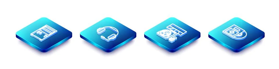 Set Isometric line Computer, Headphones, Racing simulator cockpit and CD DVD  Stock Illustration