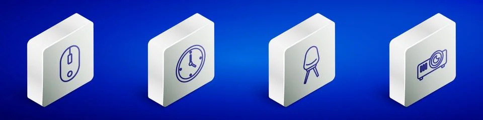 Set Isometric line Computer mouse, Clock, Office chair and Movie, film, media Stock Illustration