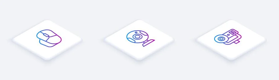 Set Isometric line Computer mouse, Web camera and . White square button. Vector Illustrazione stock