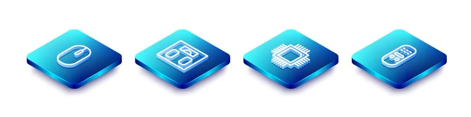 Set Isometric line Computer mouse, Bathroom scales, Processor with microcircu 스톡 일러스트