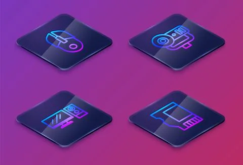 Set Isometric line Computer mouse, monitor, Web camera and SD card. Blue square Illustrazione stock
