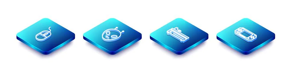 Set Isometric line Computer mouse, Alien, Video game console and Portable video 스톡 일러스트