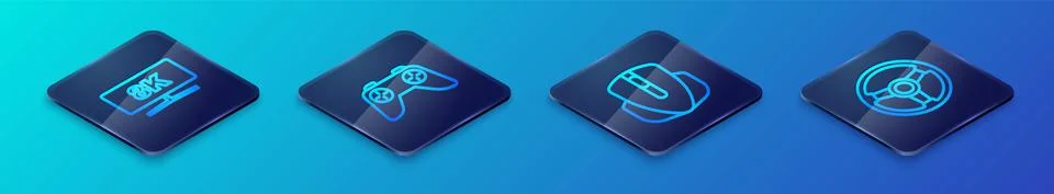 Set Isometric line Computer mouse, monitor, Racing simulator and Game controller Illustrazione stock
