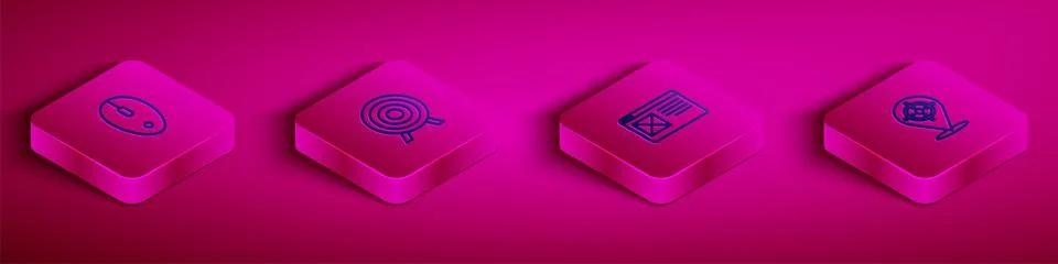 Set Isometric line Computer mouse, Target sport, Browser window and icon. Vector Stock Illustration