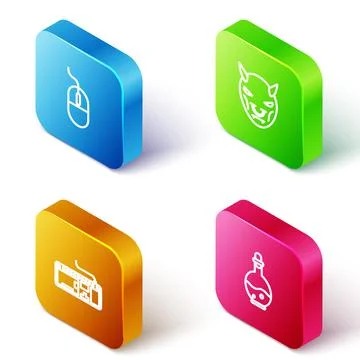 Set Isometric line Computer mouse, Mask of the devil with horns, keyboard and Stock Illustration