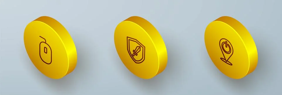 Set Isometric line Computer mouse, Sword for game and Power button icon. Vector Illustrazione stock