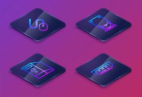 Set Isometric line Computer mouse, Case of computer, Optical disc drive and RAM Illustrazione stock