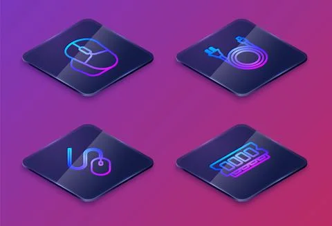 Set Isometric line Computer mouse, , Electric plug and RAM, random access memory Illustrazione stock