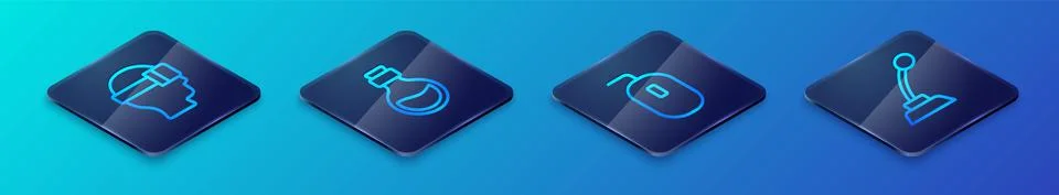 Set Isometric line Computer mouse, Virtual reality glasses, Microphone and Stock Illustration