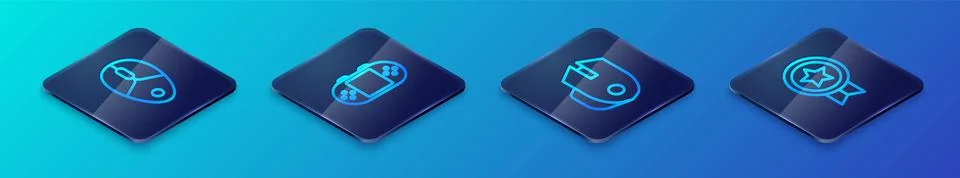 Set Isometric line Computer mouse, Game rating with medal and Portable video  Stock Illustration