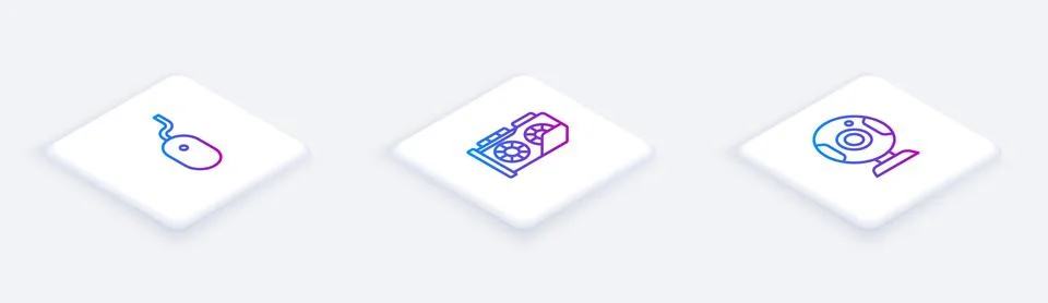 Set Isometric line Computer mouse, Video graphic card and Web camera. White.. 스톡 일러스트