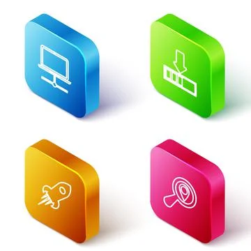 Set Isometric line Computer network, Loading, Rocket ship with fire and Search 库存插图