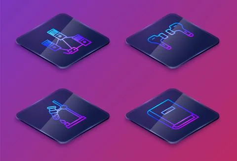 Set Isometric line Computer network, Test tube flask on fire, Air headphones and Stock Illustration