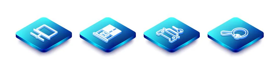 Set Isometric line Computer network, Mail server, Car rental and Unknown search Stockillustratie