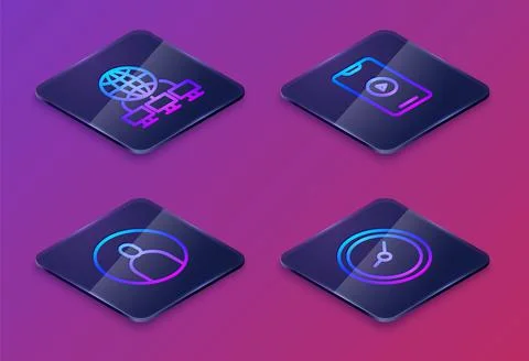 Set Isometric line Computer network, Create account screen, Online play video Illustrazione stock