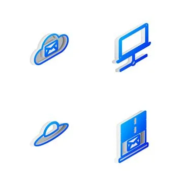 Set Isometric line Computer network, Cloud mail server, UFO flying spaceship  Stock Illustration