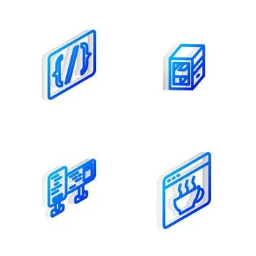 Set Isometric line Computer, Programming language syntax, monitor screen an.. Stock Illustration