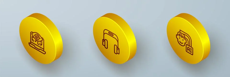 Set Isometric line Computer vision, Headphones and Humanoid robot icon. Vector Ilustración de archivo