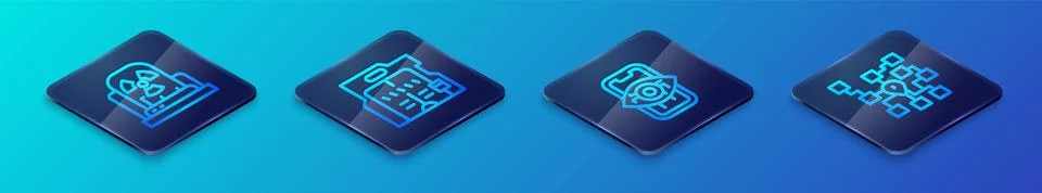 Set Isometric line Computer vision, Radioactive warning lamp, Neural network and Illustrazione stock