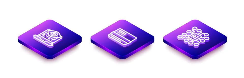 Set Isometric line Computer vision, Credit card and Neural network icon. Vector Stock-Illustration
