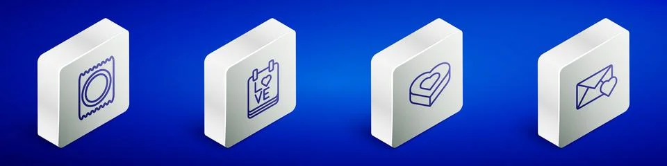 Set Isometric line Condom in package, Calendar with February 14, Candy heart Stock-Illustration