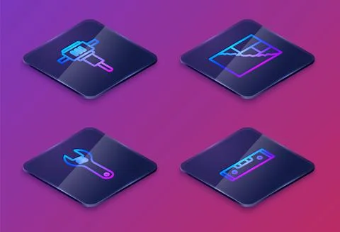 Set Isometric line Construction jackhammer, Adjustable wrench, Bricks and bubble Stock Illustration
