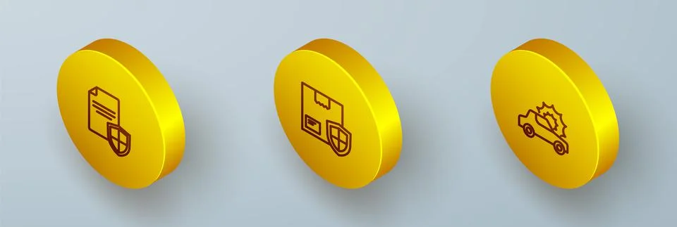 Set Isometric line Contract with shield, Delivery security and Car insurance Stock Illustration