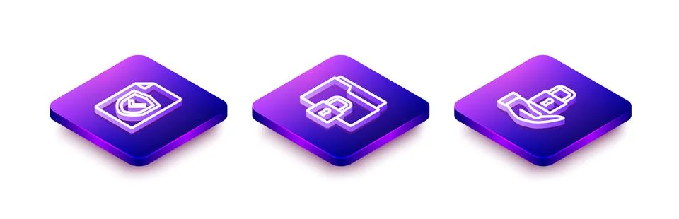 Set Isometric line Contract with shield, Folder and lock and Lock icon. Vector Stock Illustration