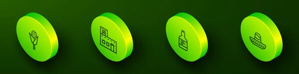 Set Isometric line Corn, Mexican house, Tequila bottle and sombrero icon. Vector Ilustración de archivo