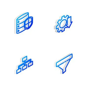 Set Isometric line Cost reduction, Server with shield, Hierarchy organogram Stock Illustration
