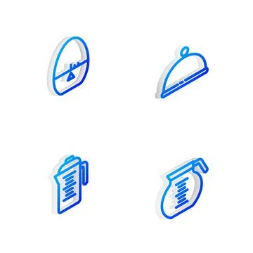 Set Isometric line Covered with tray, Kitchen timer, Teapot and Coffee icon Stock Illustration
